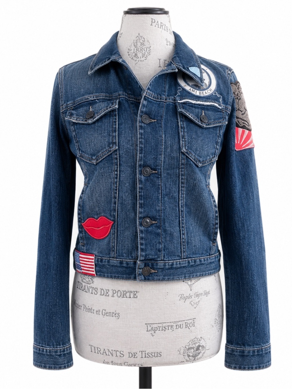 Siwy Gia Patchwork Distressed Denim Jacket Small Boho Embroidered Patches EUC!